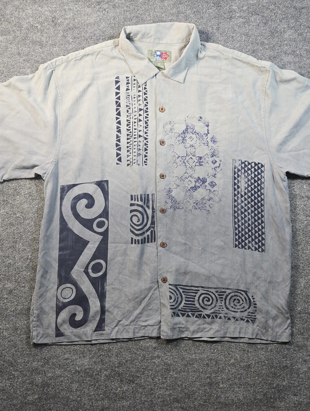 Hilo Hattie Vintage Y2K 100% Silk Geometric Print Short Sleeve Shirt XL Grey